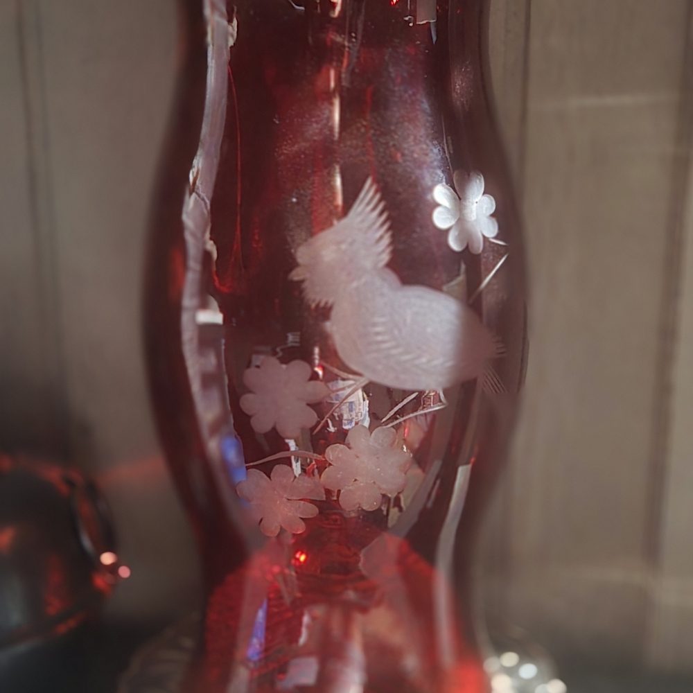 Crimson Glass Shade with Bird Etching